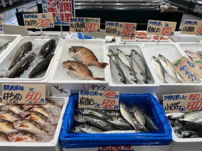 バロー 武生店の鮮魚コーナに並ぶ魚